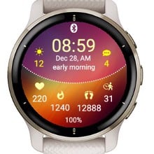 2. Rund smartklokke med lyst urskive og fargerik digital urskive.