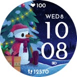 3. Rund digital urskive med vintermotiv som viser en snømann ved et tre med julelys
