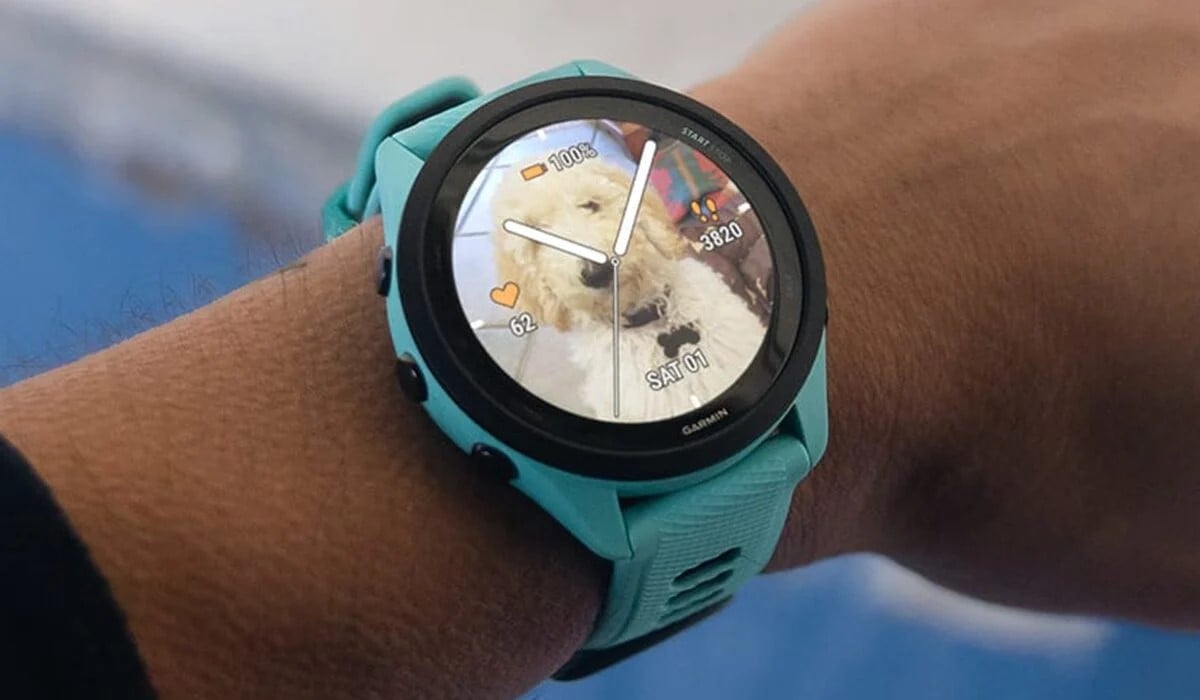 Garmin smartklokke på håndledd med turkis reim, rund skjerm som viser urskive med hundebilde, batteristatus, puls og antall skritt
