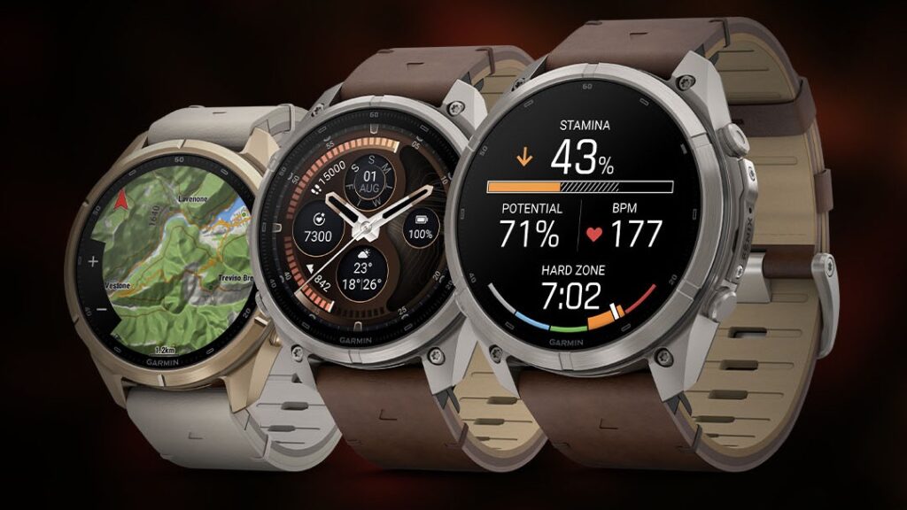 Garmin fēnix 9 Pro-modeller med kartvisning, urskive og Stamina-data